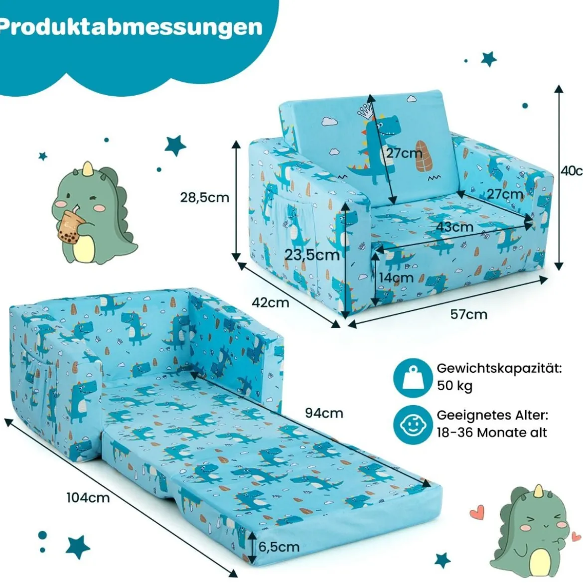 2-in-1 Kinder Klappsofa Kindersessel zum Ausklappen 57 x 42 x 40 cm Blau