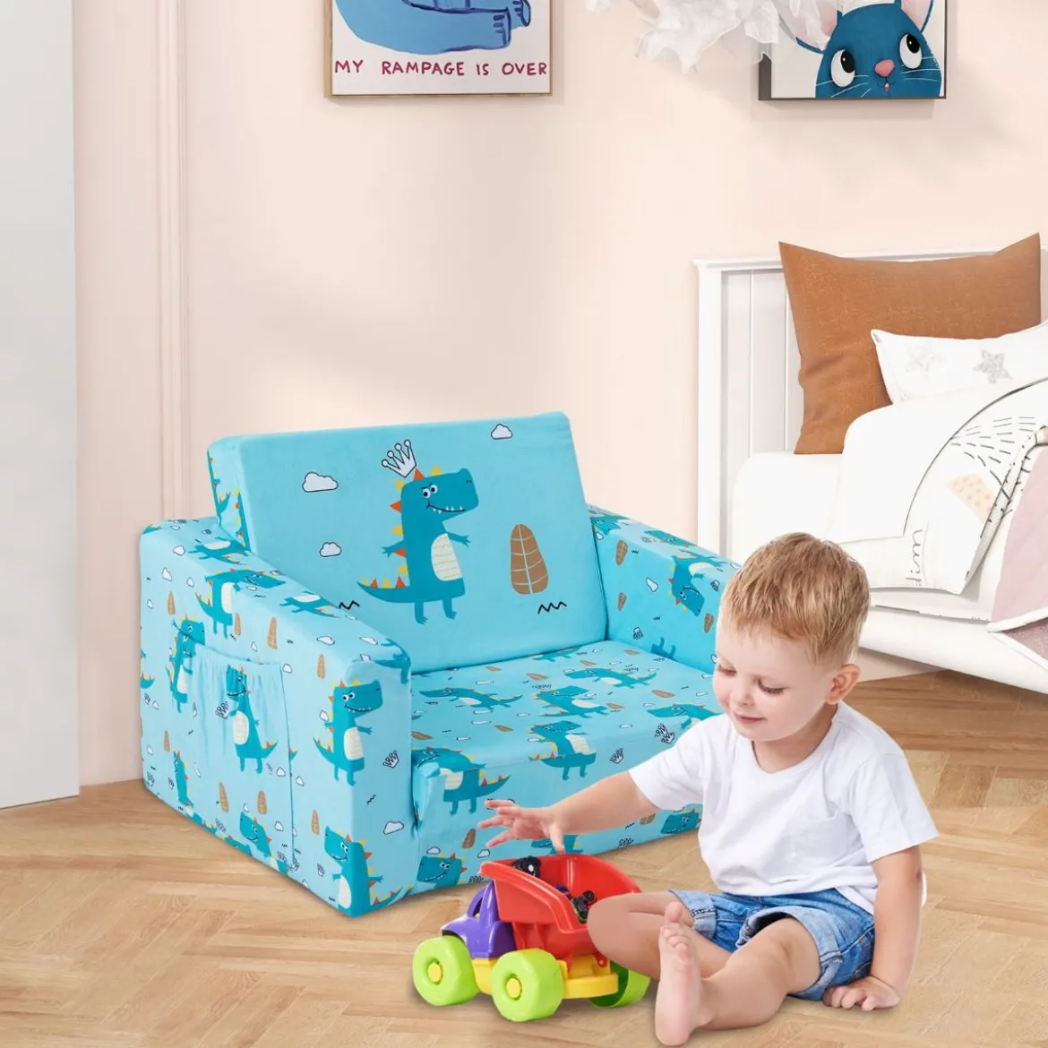 2-in-1 Kinder Klappsofa Kindersessel zum Ausklappen 57 x 42 x 40 cm Blau