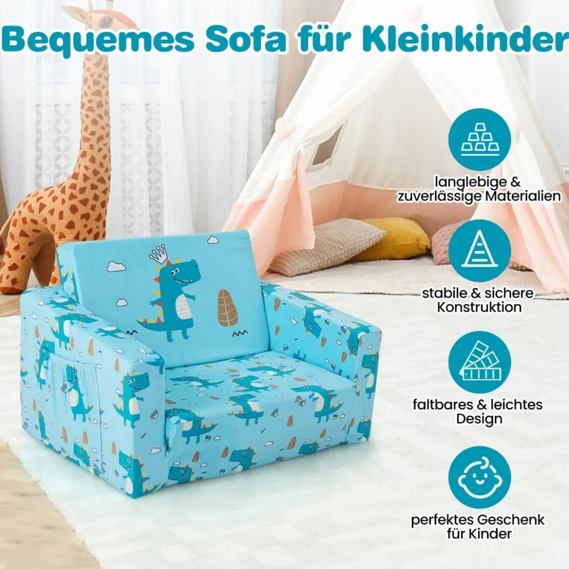 2-in-1 Kinder Klappsofa Kindersessel zum Ausklappen 57 x 42 x 40 cm Blau