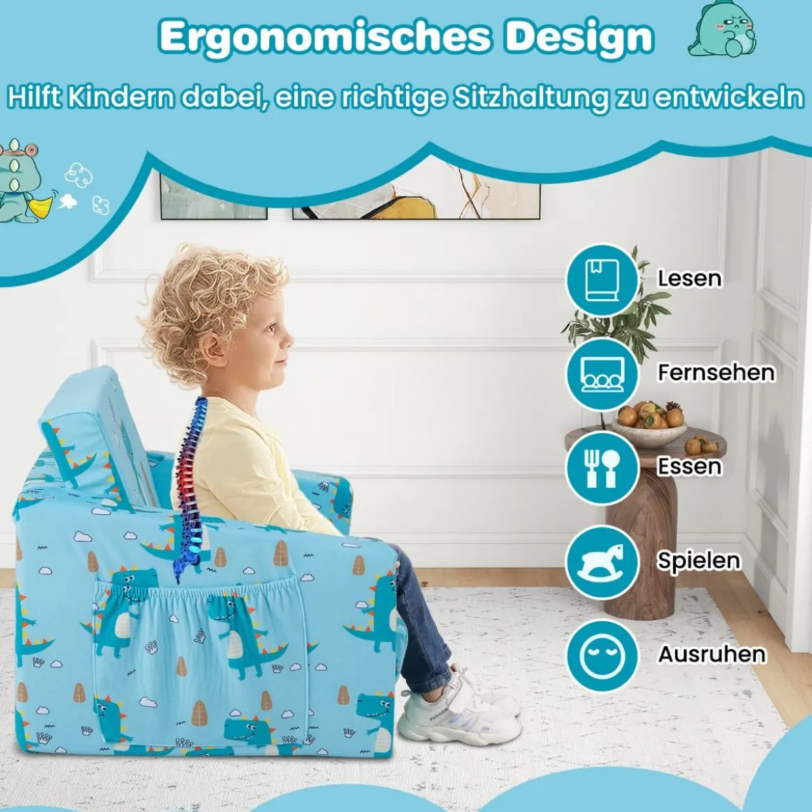 2-in-1 Kinder Klappsofa Kindersessel zum Ausklappen 57 x 42 x 40 cm Blau