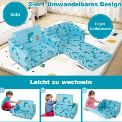 2-in-1 Kinder Klappsofa Kindersessel zum Ausklappen 57 x 42 x 40 cm Blau