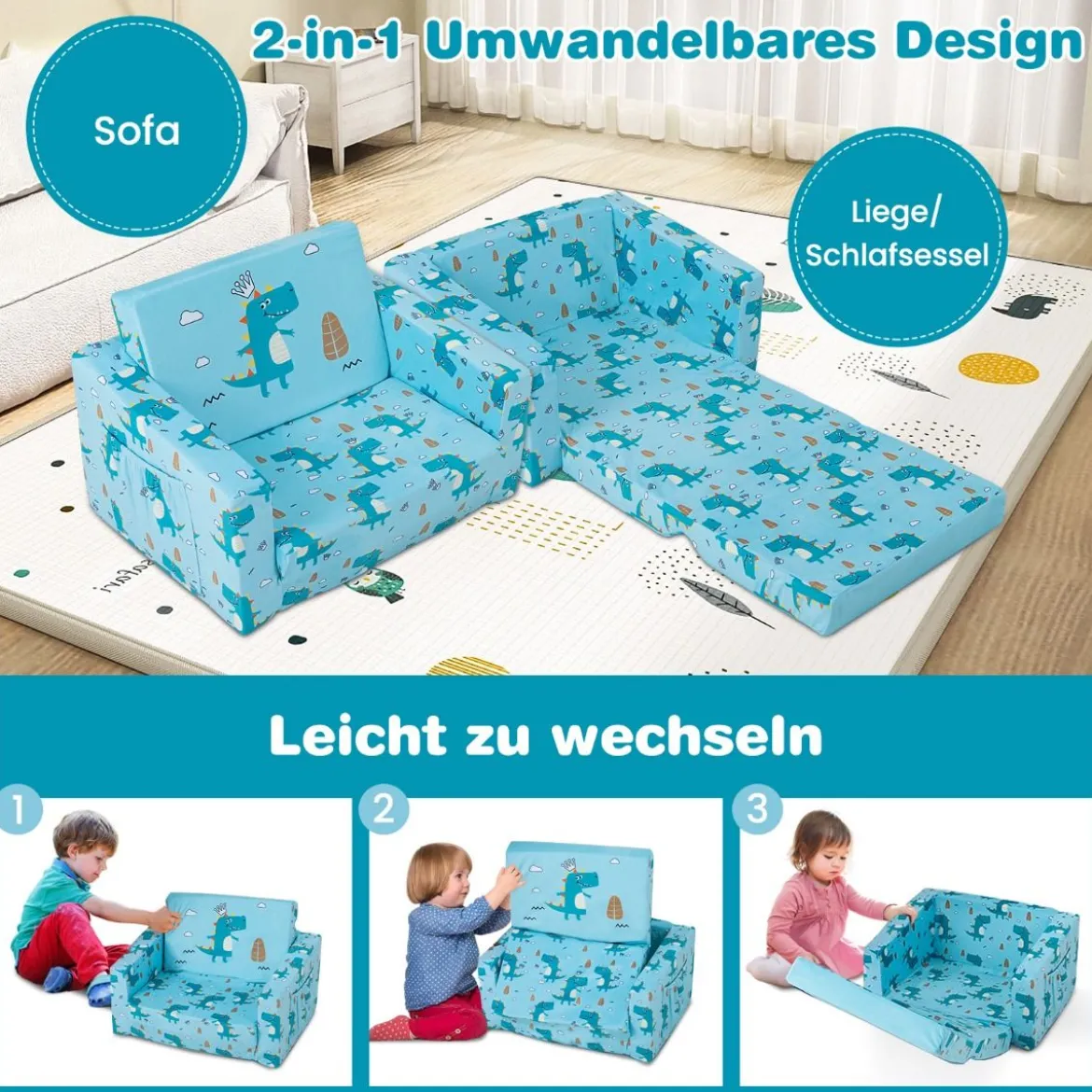 2-in-1 Kinder Klappsofa Kindersessel zum Ausklappen 57 x 42 x 40 cm Blau