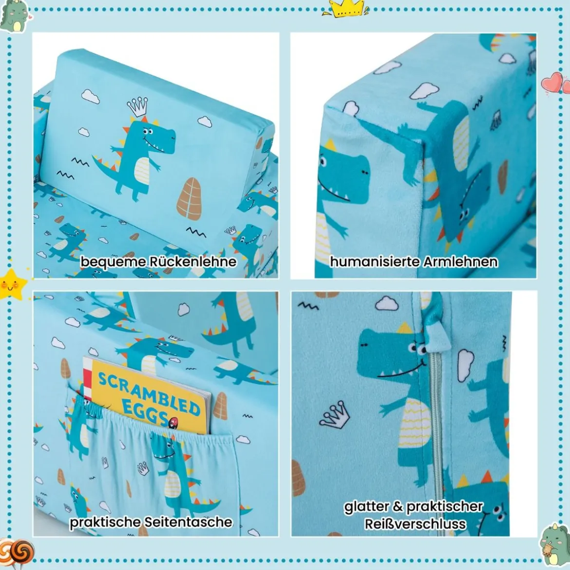 2-in-1 Kinder Klappsofa Kindersessel zum Ausklappen 57 x 42 x 40 cm Blau