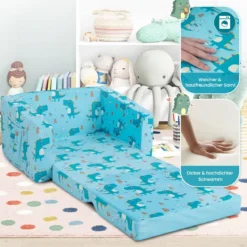 2-in-1 Kinder Klappsofa Kindersessel zum Ausklappen 57 x 42 x 40 cm Blau