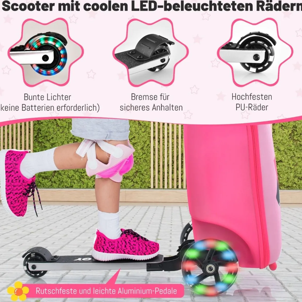 2 in 1 Kinderkoffer und Scooter mit LED Räder 26L Kindertrolley mit Bremse Hund