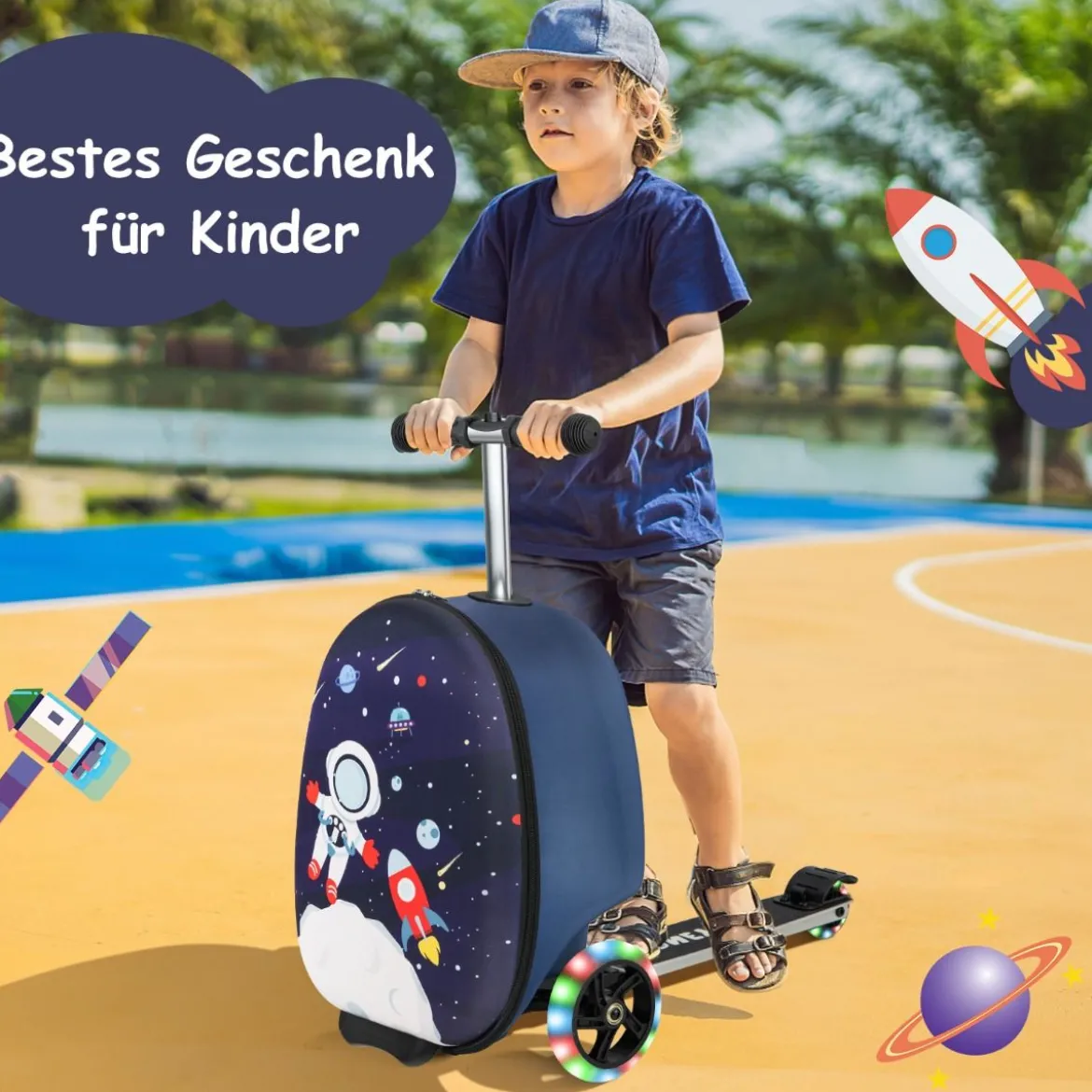 2 in 1 Kinderkoffer und Scooter mit LED Räder 26L Kindertrolley mit Bremse Astronaut