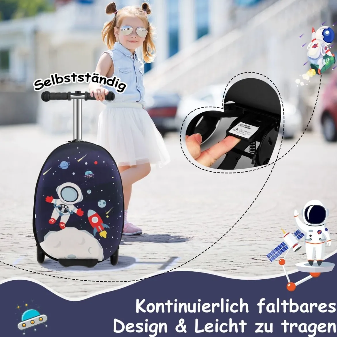 2 in 1 Kinderkoffer und Scooter mit LED Räder 26L Kindertrolley mit Bremse Astronaut