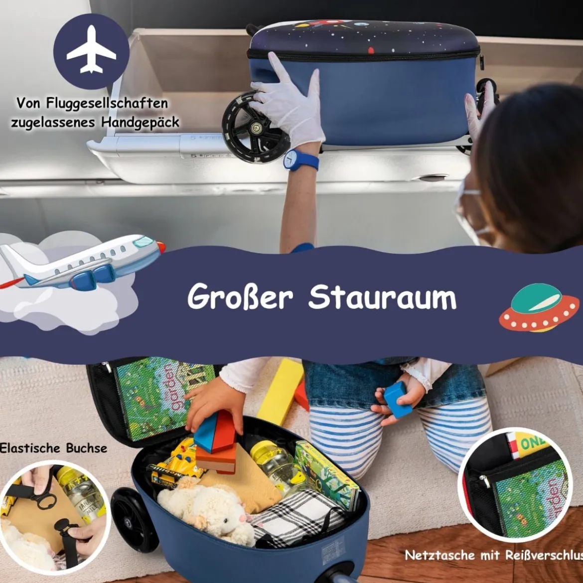 2 in 1 Kinderkoffer und Scooter mit LED Räder 26L Kindertrolley mit Bremse Astronaut