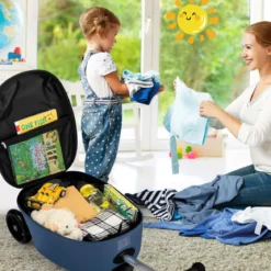 2 in 1 Kinderkoffer und Scooter mit LED Räder 26L Kindertrolley mit Bremse Astronaut