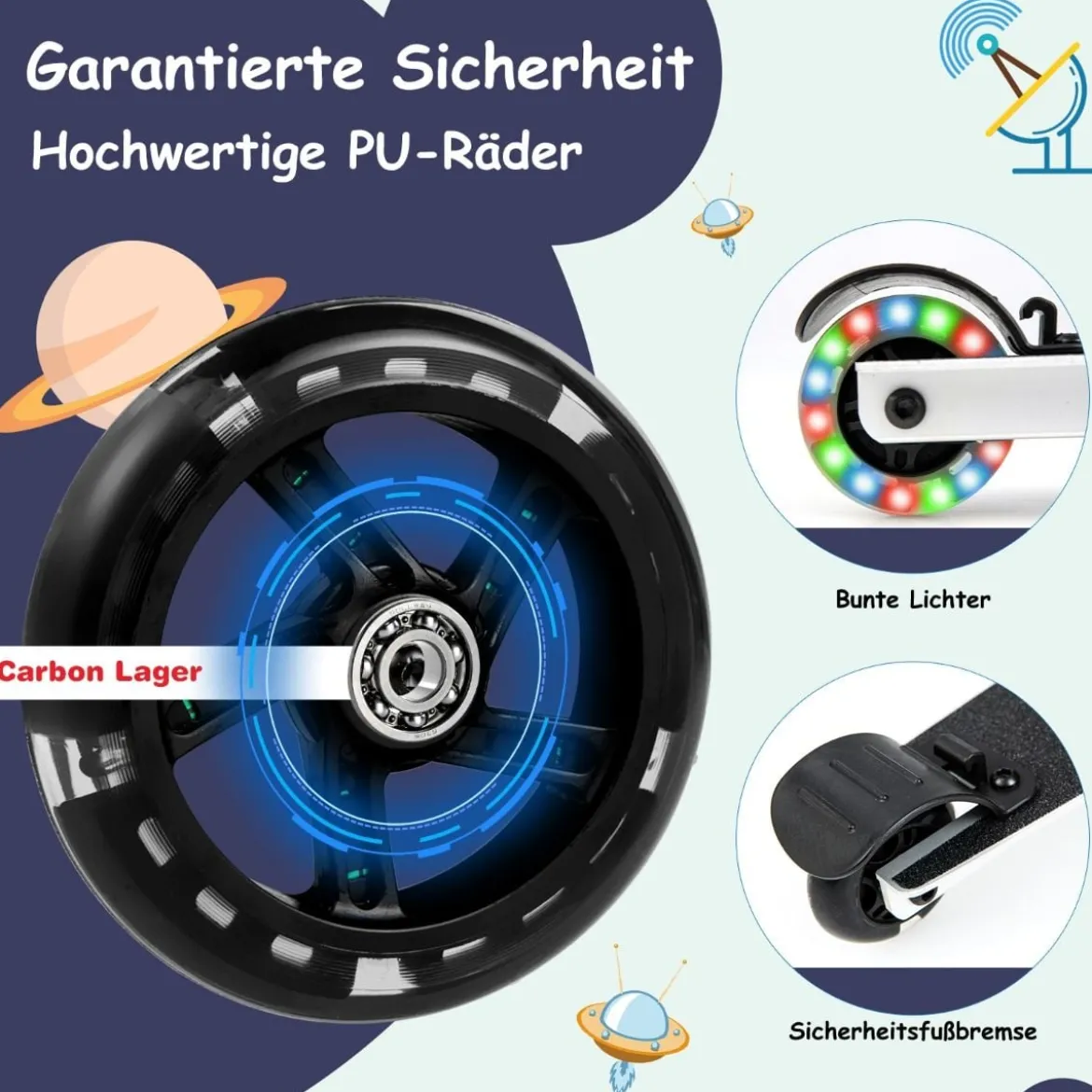 2 in 1 Kinderkoffer und Scooter mit LED Räder 26L Kindertrolley mit Bremse Astronaut