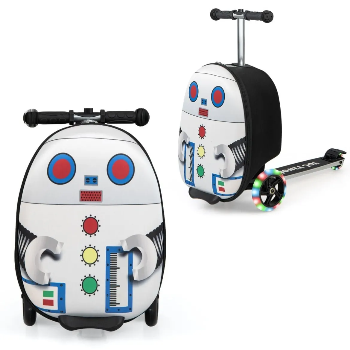 2 in 1 Kinderkoffer und Scooter mit LED Räder 26L Kindertrolley mit Bremse Roboter