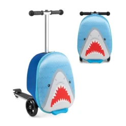 2 in 1 Kinderkoffer und Scooter mit LED Räder 26L Kindertrolley mit Bremse Hai