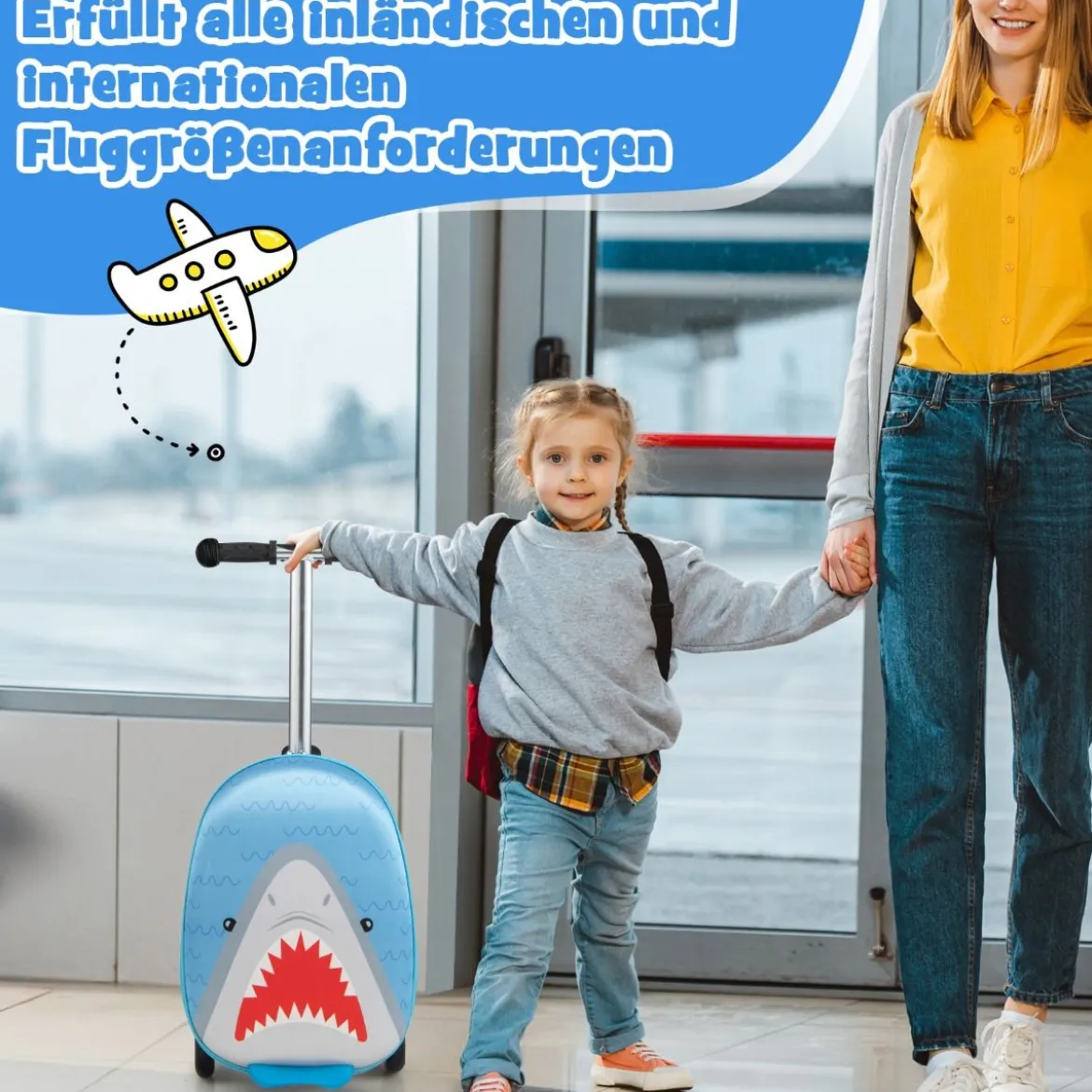2 in 1 Kinderkoffer und Scooter mit LED Räder 26L Kindertrolley mit Bremse Hai