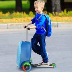 2 in 1 Kinderkoffer und Scooter mit LED Räder 26L Kindertrolley mit Bremse Hai