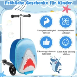 2 in 1 Kinderkoffer und Scooter mit LED Räder 26L Kindertrolley mit Bremse Hai