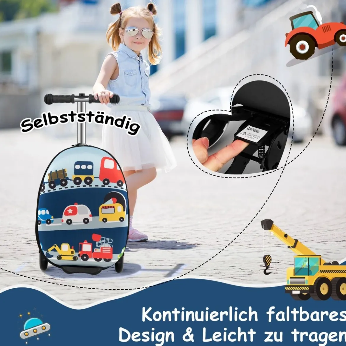 2 in 1 Kinderkoffer und Scooter mit LED Räder 26L Kindertrolley mit Bremse Fahrzeug