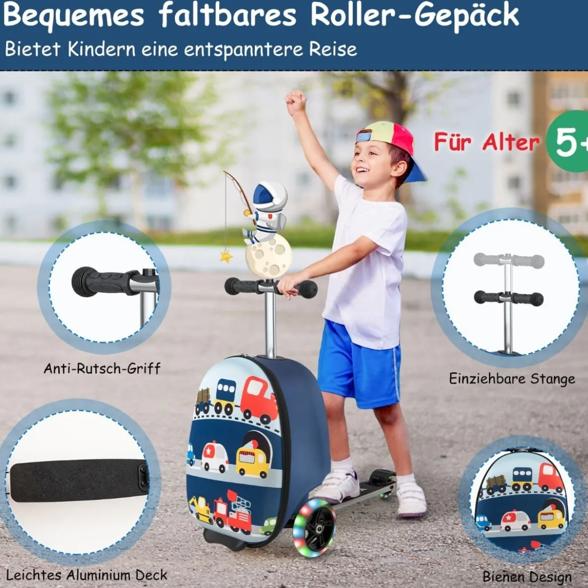 2 in 1 Kinderkoffer und Scooter mit LED Räder 26L Kindertrolley mit Bremse Fahrzeug