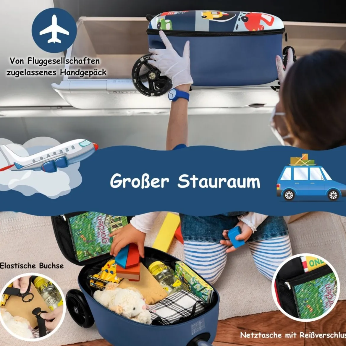 2 in 1 Kinderkoffer und Scooter mit LED Räder 26L Kindertrolley mit Bremse Fahrzeug