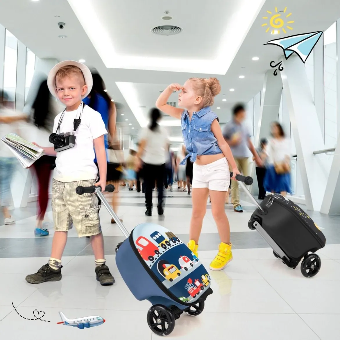 2 in 1 Kinderkoffer und Scooter mit LED Räder 26L Kindertrolley mit Bremse Fahrzeug