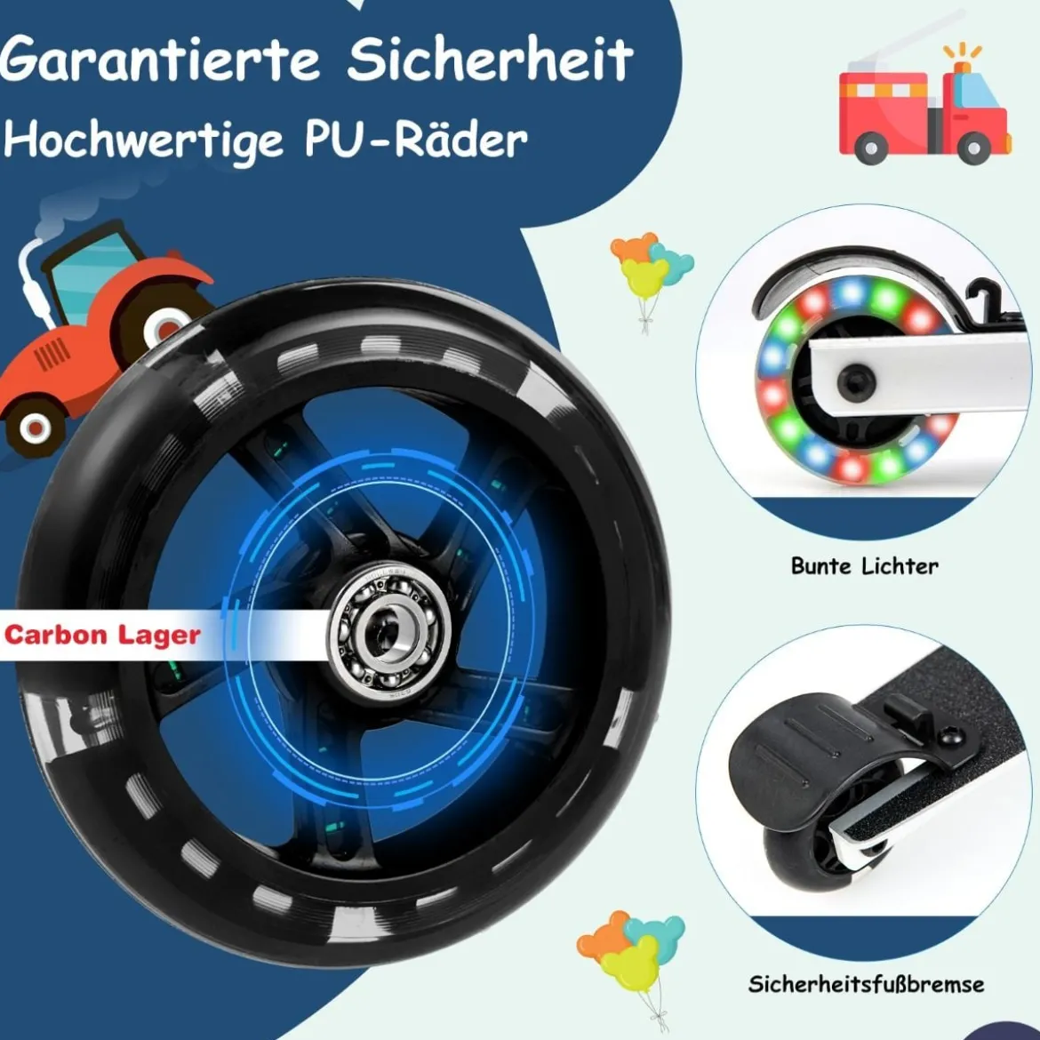 2 in 1 Kinderkoffer und Scooter mit LED Räder 26L Kindertrolley mit Bremse Fahrzeug