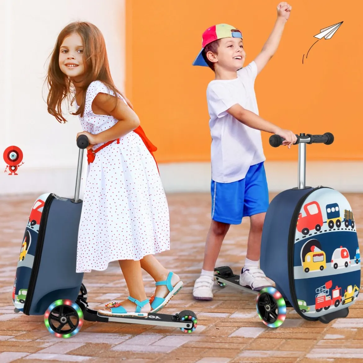2 in 1 Kinderkoffer und Scooter mit LED Räder 26L Kindertrolley mit Bremse Fahrzeug