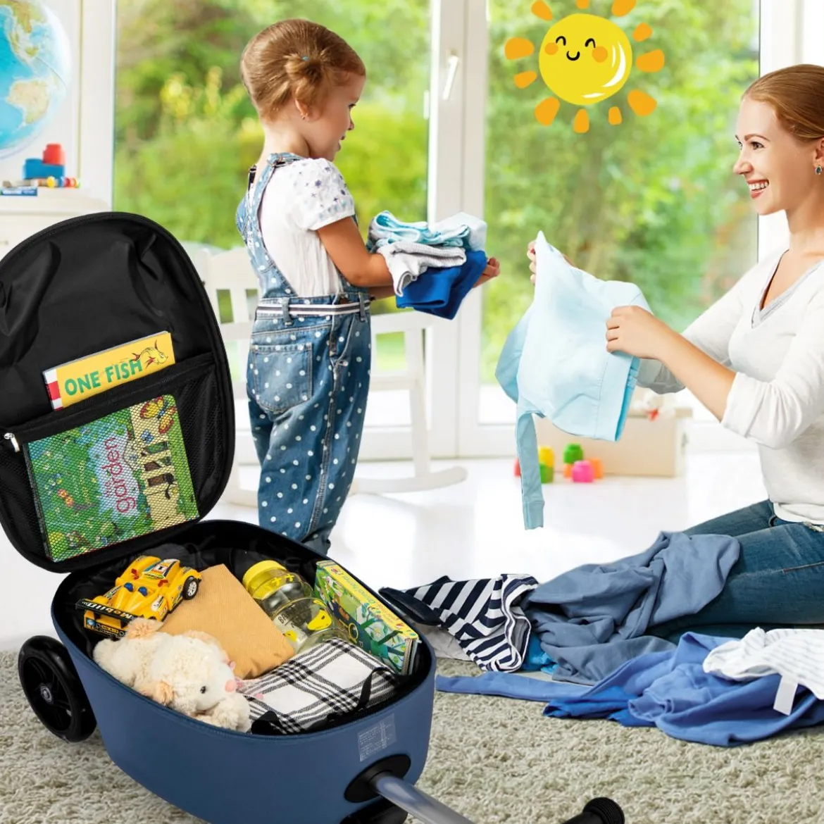 2 in 1 Kinderkoffer und Scooter mit LED Räder 26L Kindertrolley mit Bremse Fahrzeug