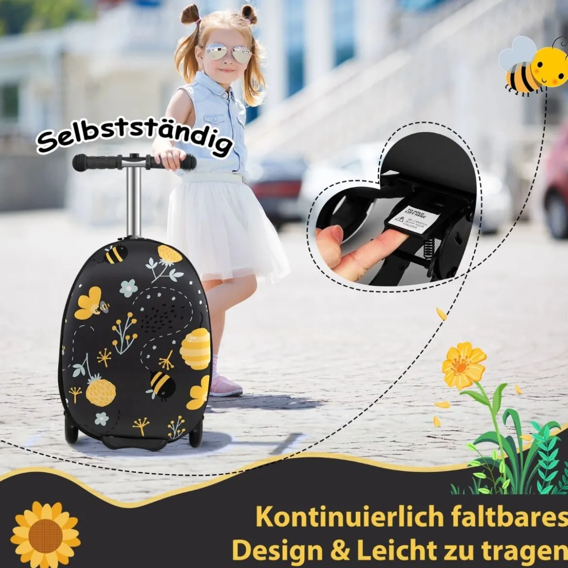2 in 1 Kinderkoffer und Scooter mit LED Räder 26L Kindertrolley mit Bremse Biene & Blume
