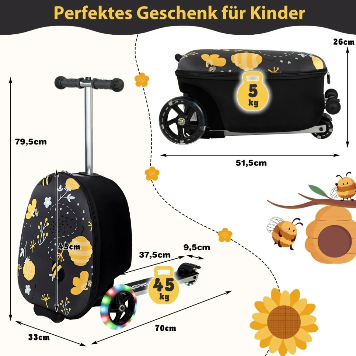 2 in 1 Kinderkoffer und Scooter mit LED Räder 26L Kindertrolley mit Bremse Biene & Blume
