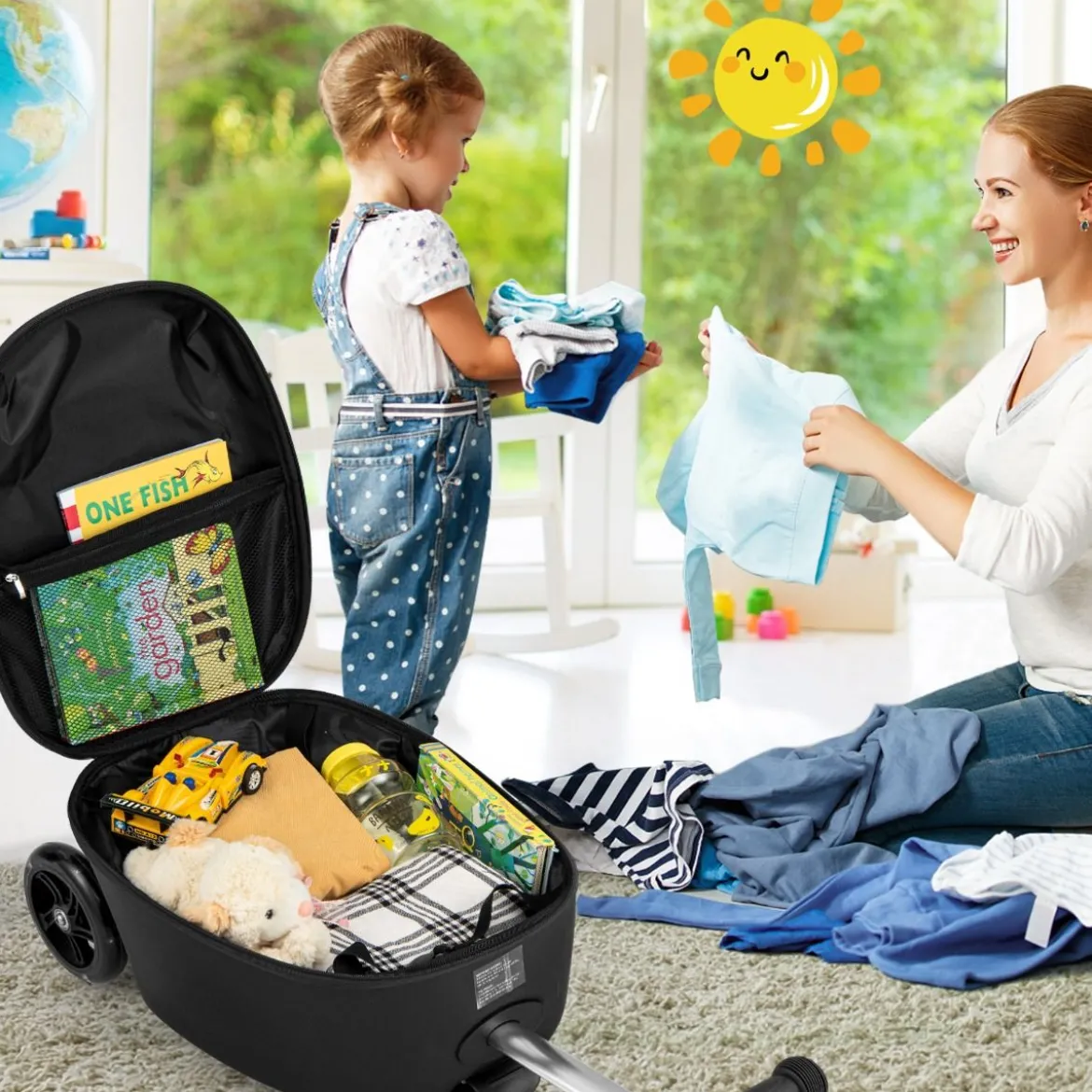 2 in 1 Kinderkoffer und Scooter mit LED Räder 26L Kindertrolley mit Bremse Biene & Blume