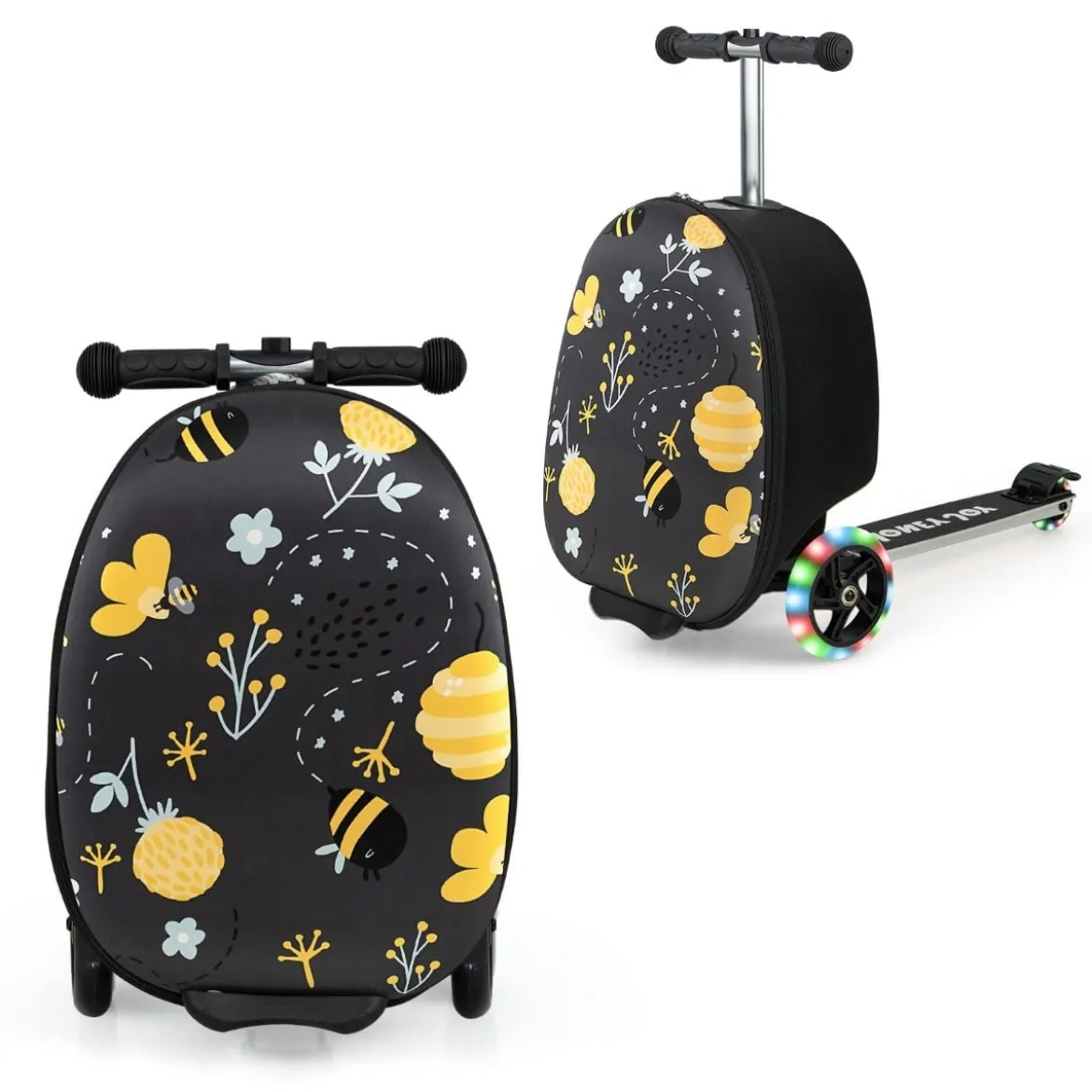 2 in 1 Kinderkoffer und Scooter mit LED Räder 26L Kindertrolley mit Bremse Biene & Blume