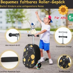 2 in 1 Kinderkoffer und Scooter mit LED Räder 26L Kindertrolley mit Bremse Biene & Blume