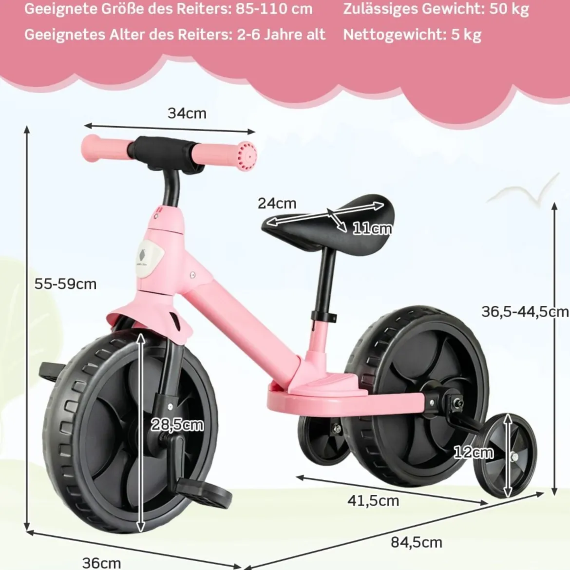 4 in 1 Kinder Laufrad & Balance Bike mit verstellbarem Lenker und Stützrädern für 2-6-jährige Kinder Rosa