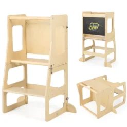 3 in 1 Kinder Lernturm Klappbarer Tritthocker & Tafel & Kindertisch-Set ab 3 Jahre Stehturm Natur
