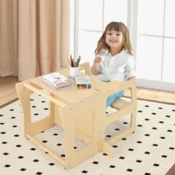 3 in 1 Kinder Lernturm Klappbarer Tritthocker & Tafel & Kindertisch-Set ab 3 Jahre Stehturm Natur