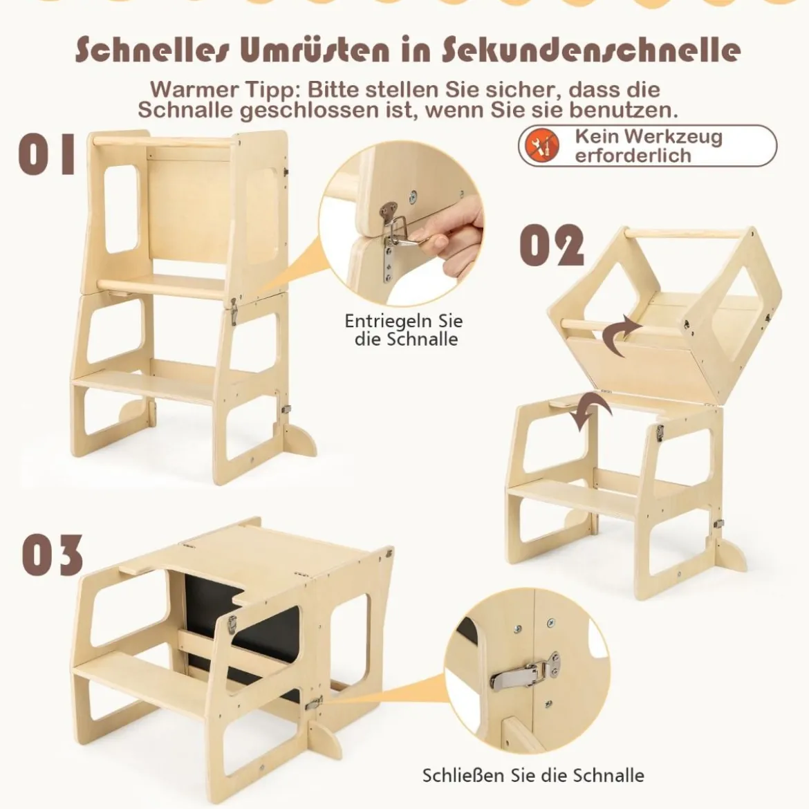 3 in 1 Kinder Lernturm Klappbarer Tritthocker & Tafel & Kindertisch-Set ab 3 Jahre Stehturm Natur