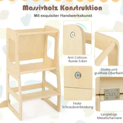3 in 1 Kinder Lernturm Klappbarer Tritthocker & Tafel & Kindertisch-Set ab 3 Jahre Stehturm Natur