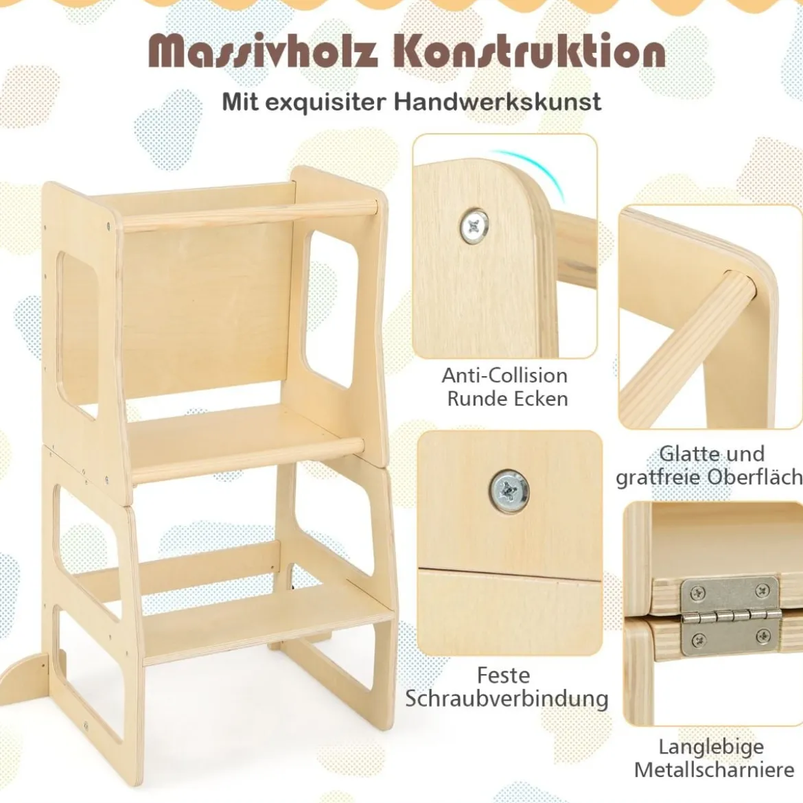 3 in 1 Kinder Lernturm Klappbarer Tritthocker & Tafel & Kindertisch-Set ab 3 Jahre Stehturm Natur