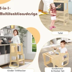 3 in 1 Kinder Lernturm Klappbarer Tritthocker & Tafel & Kindertisch-Set ab 3 Jahre Stehturm Natur