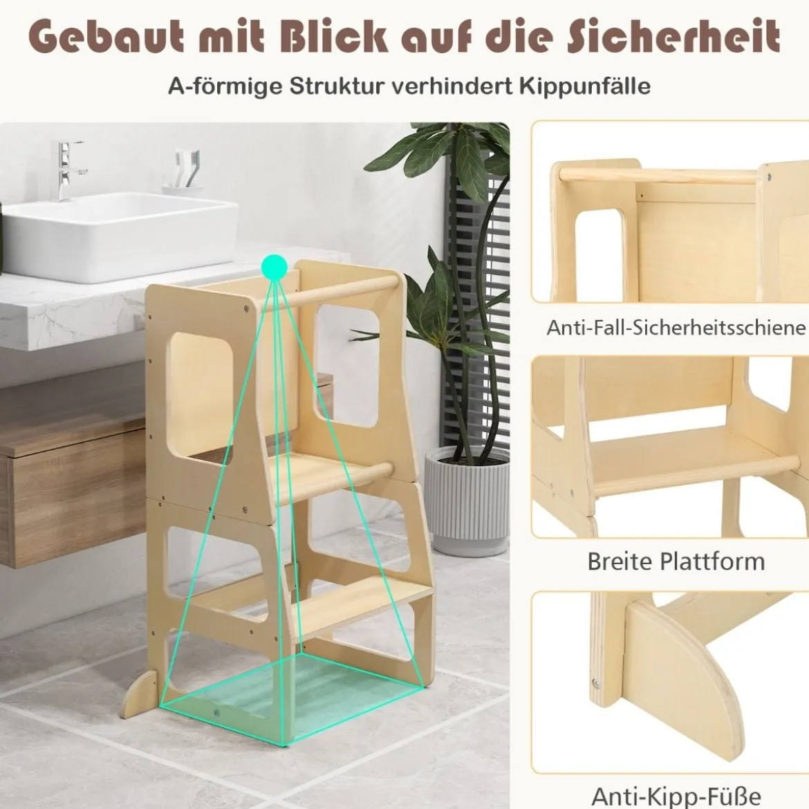 3 in 1 Kinder Lernturm Klappbarer Tritthocker & Tafel & Kindertisch-Set ab 3 Jahre Stehturm Natur