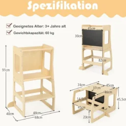 3 in 1 Kinder Lernturm Klappbarer Tritthocker & Tafel & Kindertisch-Set ab 3 Jahre Stehturm Natur