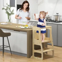 3 in 1 Kinder Lernturm Klappbarer Tritthocker & Tafel & Kindertisch-Set ab 3 Jahre Stehturm Natur