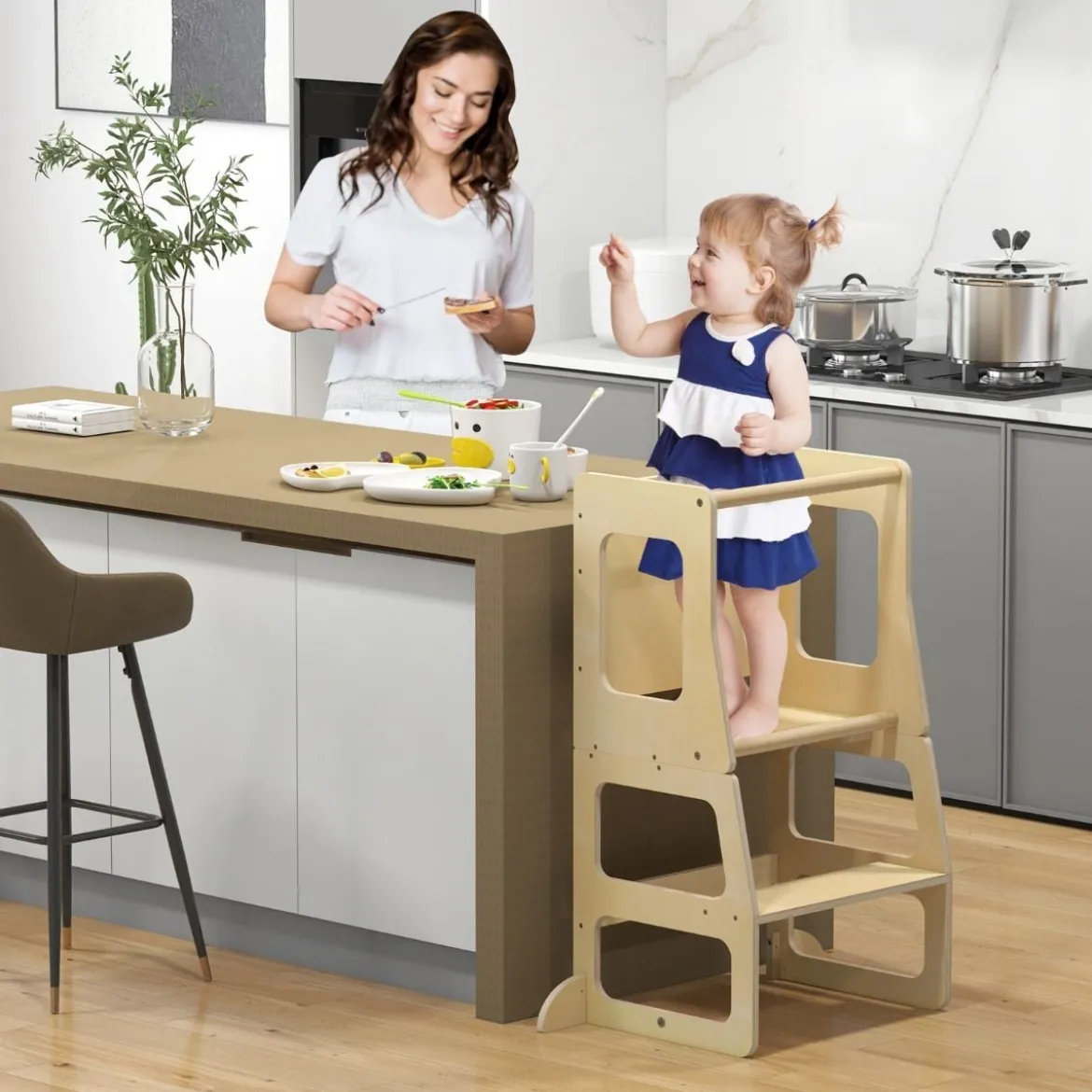 3 in 1 Kinder Lernturm Klappbarer Tritthocker & Tafel & Kindertisch-Set ab 3 Jahre Stehturm Natur