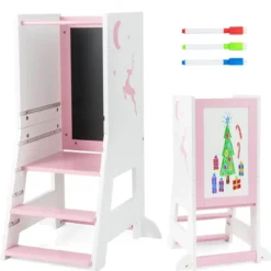 2 in 1 Kinder Lernturm mit Doppelseitiger Tafel & 3 Verstellbare Höhen Küchenhocker Trittschemel