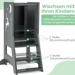 2 in 1 Kinder Lernturm mit Doppelseitiger Tafel & 3 Verstellbare Höhen Küchenhocker Trittschemel