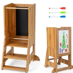 2 in 1 Kinder Lernturm mit Doppelseitiger Tafel & 3 Verstellbare Höhen Küchenhocker Trittschemel