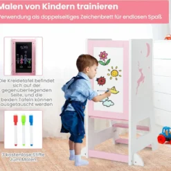 2 in 1 Kinder Lernturm mit Doppelseitiger Tafel & 3 Verstellbare Höhen Küchenhocker Trittschemel