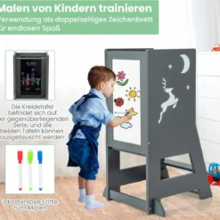2 in 1 Kinder Lernturm mit Doppelseitiger Tafel & 3 Verstellbare Höhen Küchenhocker Trittschemel