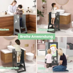 2 in 1 Kinder Lernturm mit Doppelseitiger Tafel & 3 Verstellbare Höhen Küchenhocker Trittschemel