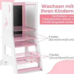 2 in 1 Kinder Lernturm mit Doppelseitiger Tafel & 3 Verstellbare Höhen Küchenhocker Trittschemel