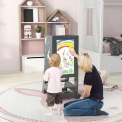 2 in 1 Kinder Lernturm mit Doppelseitiger Tafel & 3 Verstellbare Höhen Küchenhocker Trittschemel